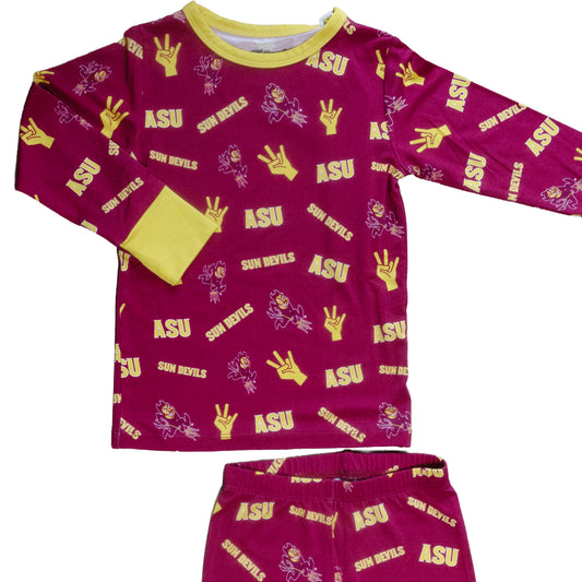 Arizona State Sun Devils Two-Piece Pajama Set Officially licensed with kids wearing comfy bamboo pajamas.