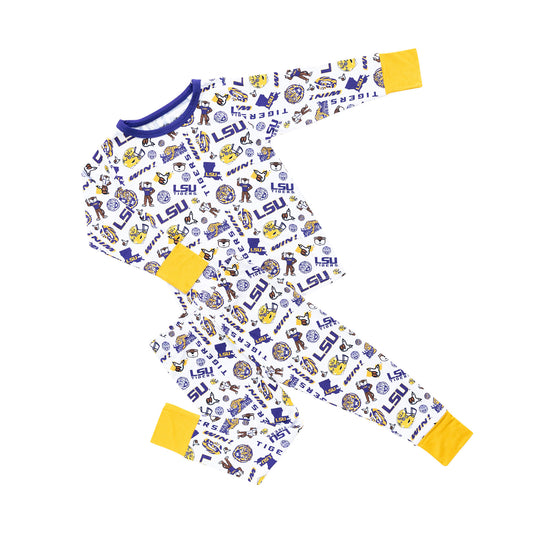 LSU Tigers two piece pajama set for kids with white logo print and purple gold trim