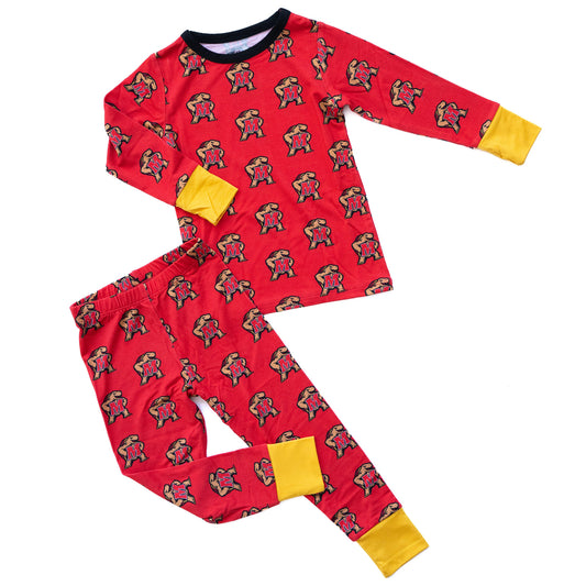 A two-piece children's pajama set laid flat on a white background, featuring a bright red long-sleeve top and matching pants with an all-over repeating Maryland terrapins Testudo print.
