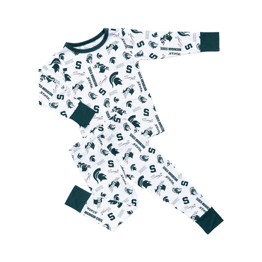 Officially licensed Michigan State Spartans kids bamboo pajamas featuring long sleeves and matching pants.