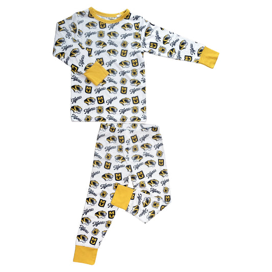 Missouri Tigers officially licensed bamboo kids Pajama Set in black and gold with team logo print.