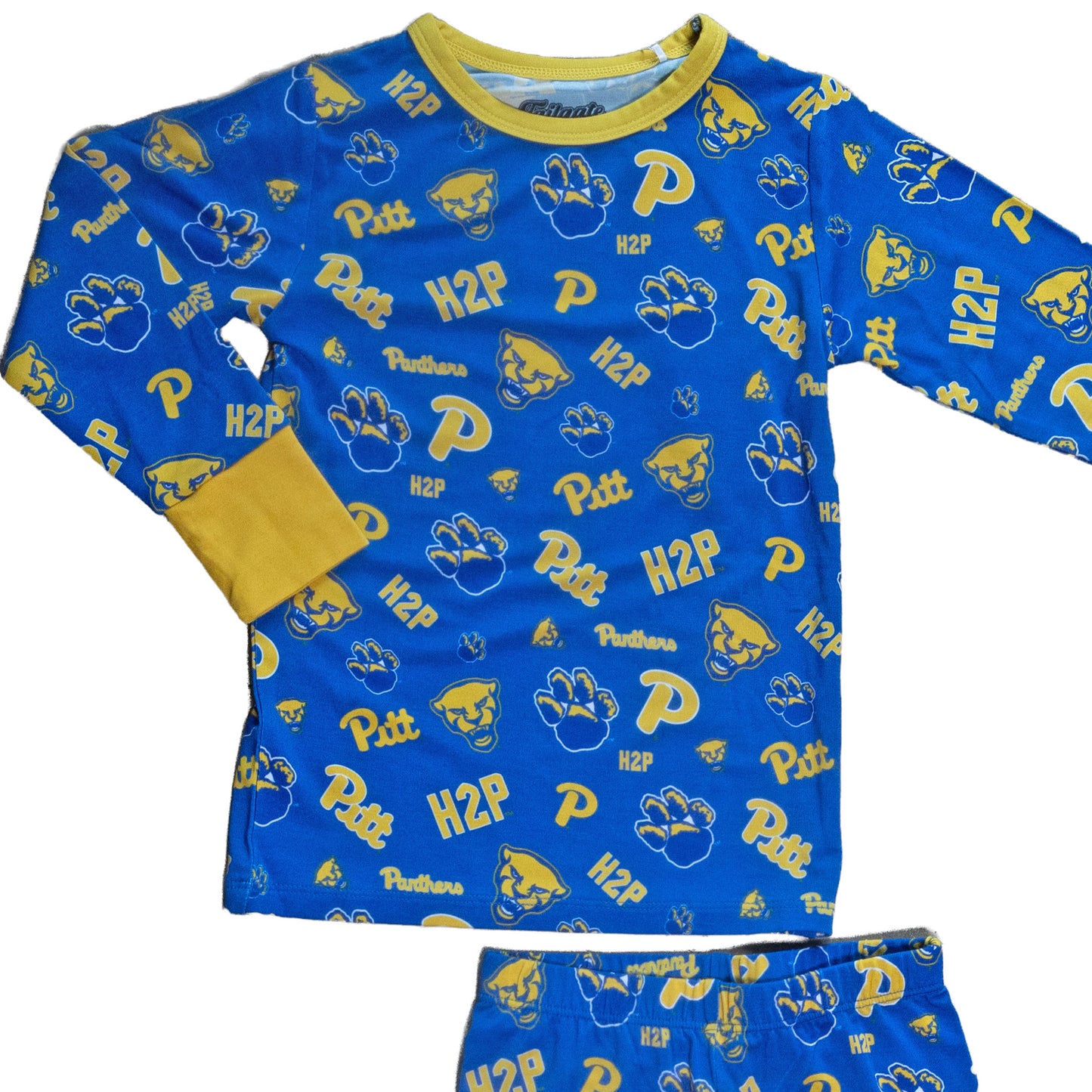 Kids blue Pitt Panthers pajamas with gold trim