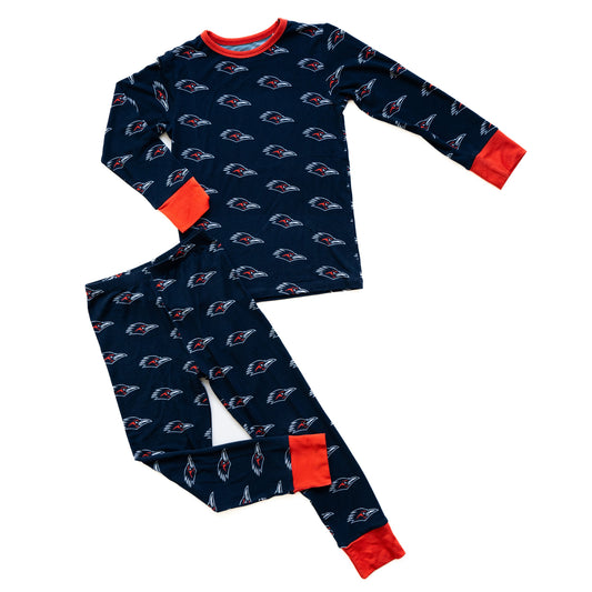 A two-piece long-sleeve pajama set laid flat on a white background. utsa roadrunners bamboo two piece pajama set.
