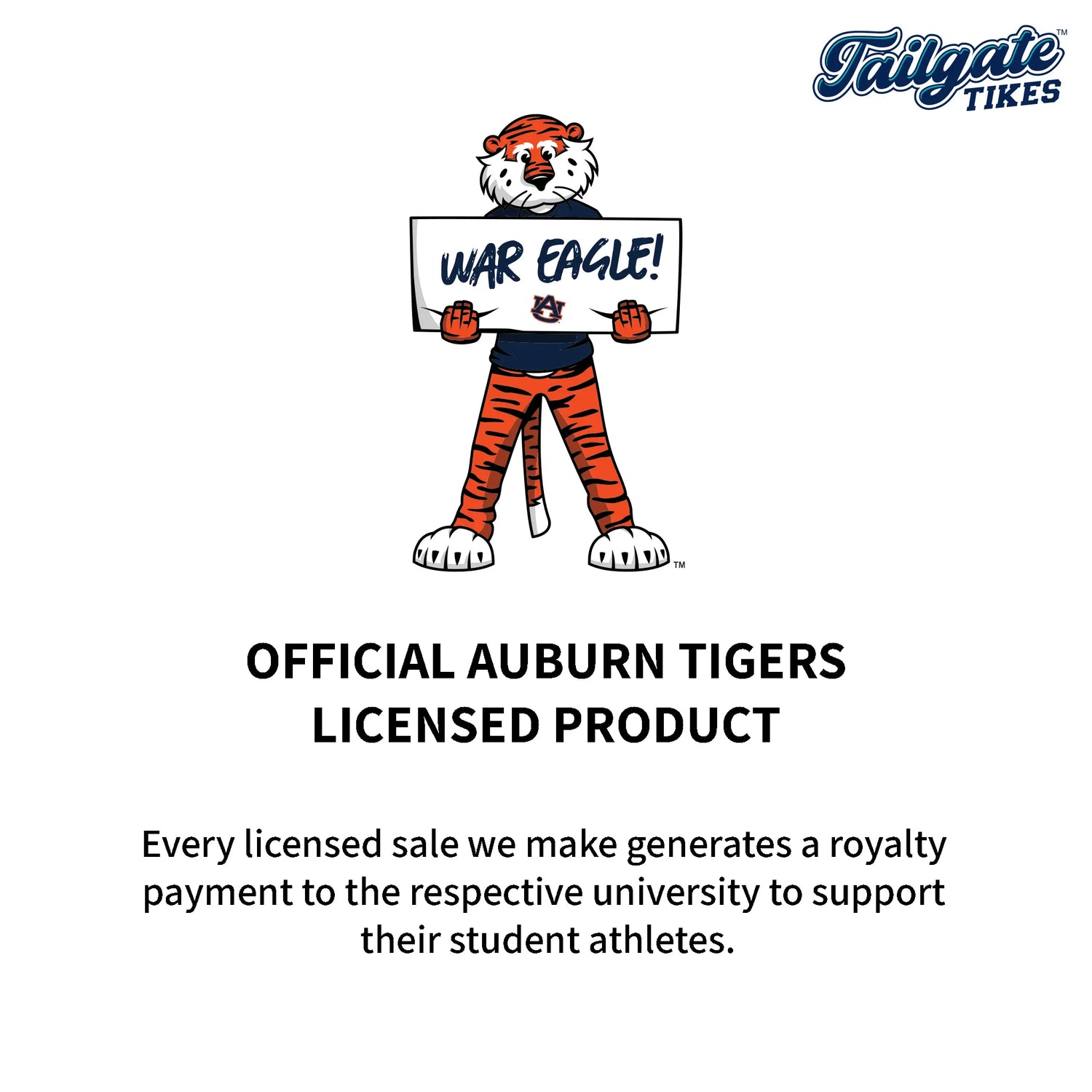 Cartoon tiger holding a sign with 'War Eagle!' and 'Official Auburn Tigers Licensed Product' text on a white background.