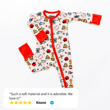 Baseball-themed baby one-piece with soft bamboo fabric, double zippers for easy changes, and a playful design for little fans.