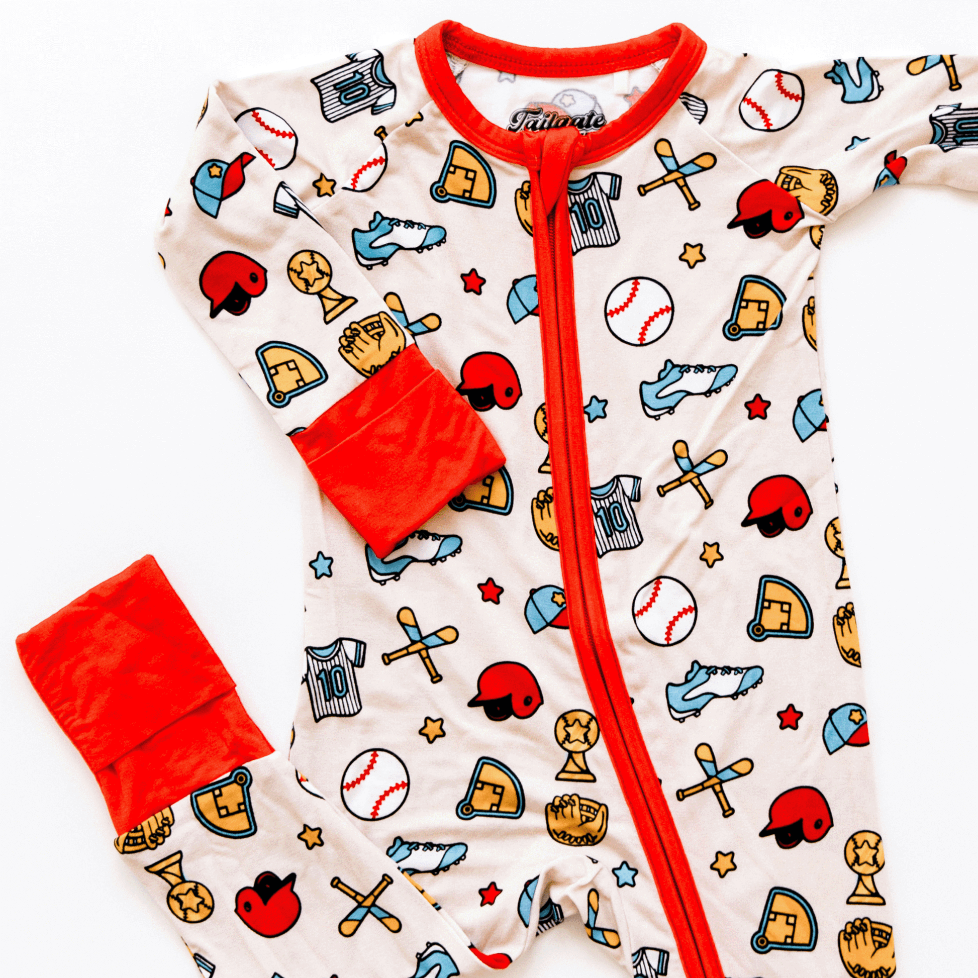 Baseball-themed baby one-piece with soft bamboo fabric, double zippers for easy changes, and a playful design for little fans.