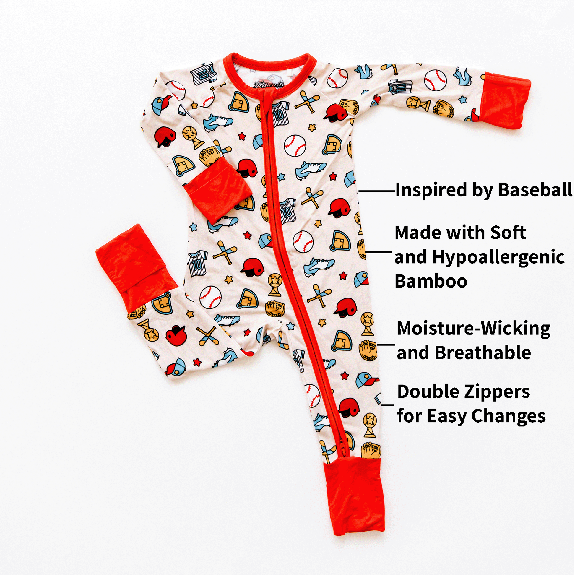 Baseball-themed baby one-piece with soft bamboo fabric, double zippers for easy changes, and a playful design for little fans.