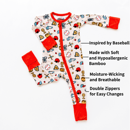 Baseball-themed baby one-piece with soft bamboo fabric, double zippers for easy changes, and a playful design for little fans.