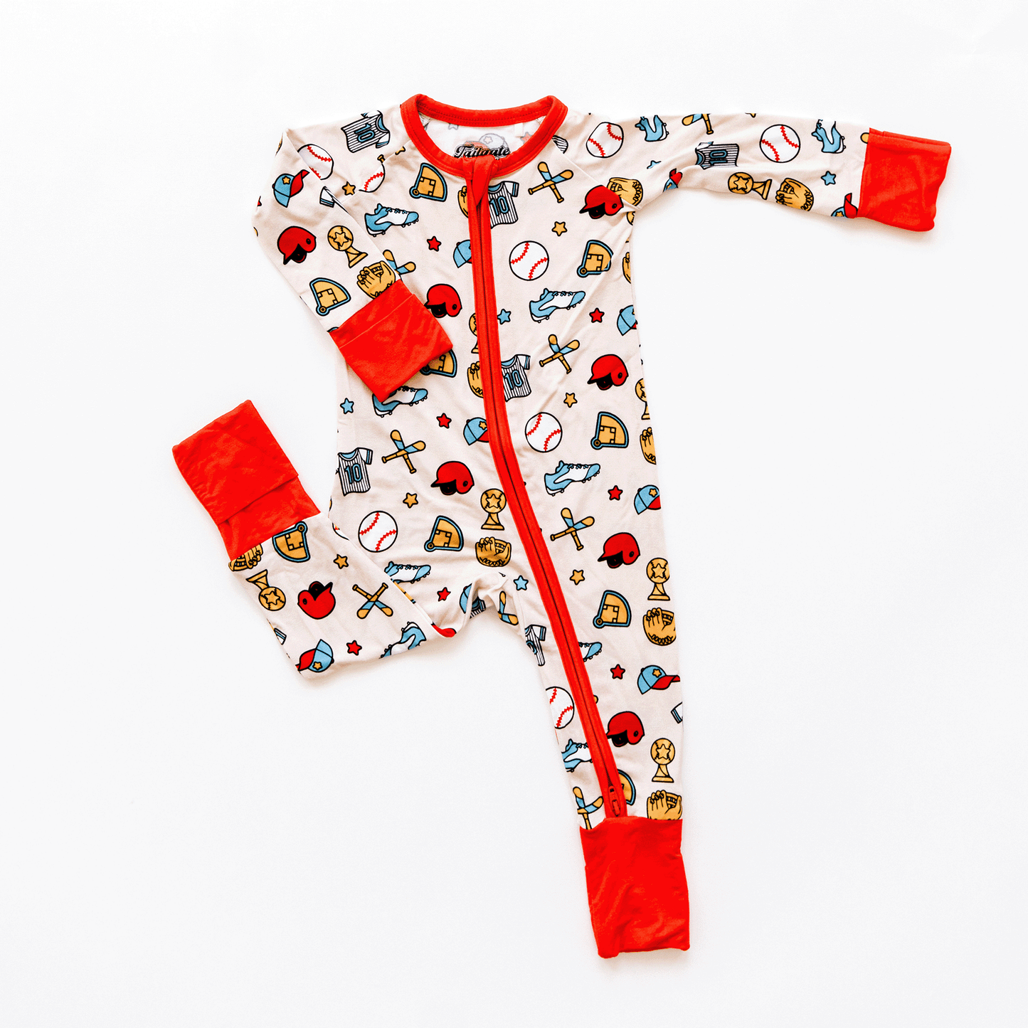 Baseball-themed baby one-piece with soft bamboo fabric, double zippers for easy changes, and a playful design for little fans.