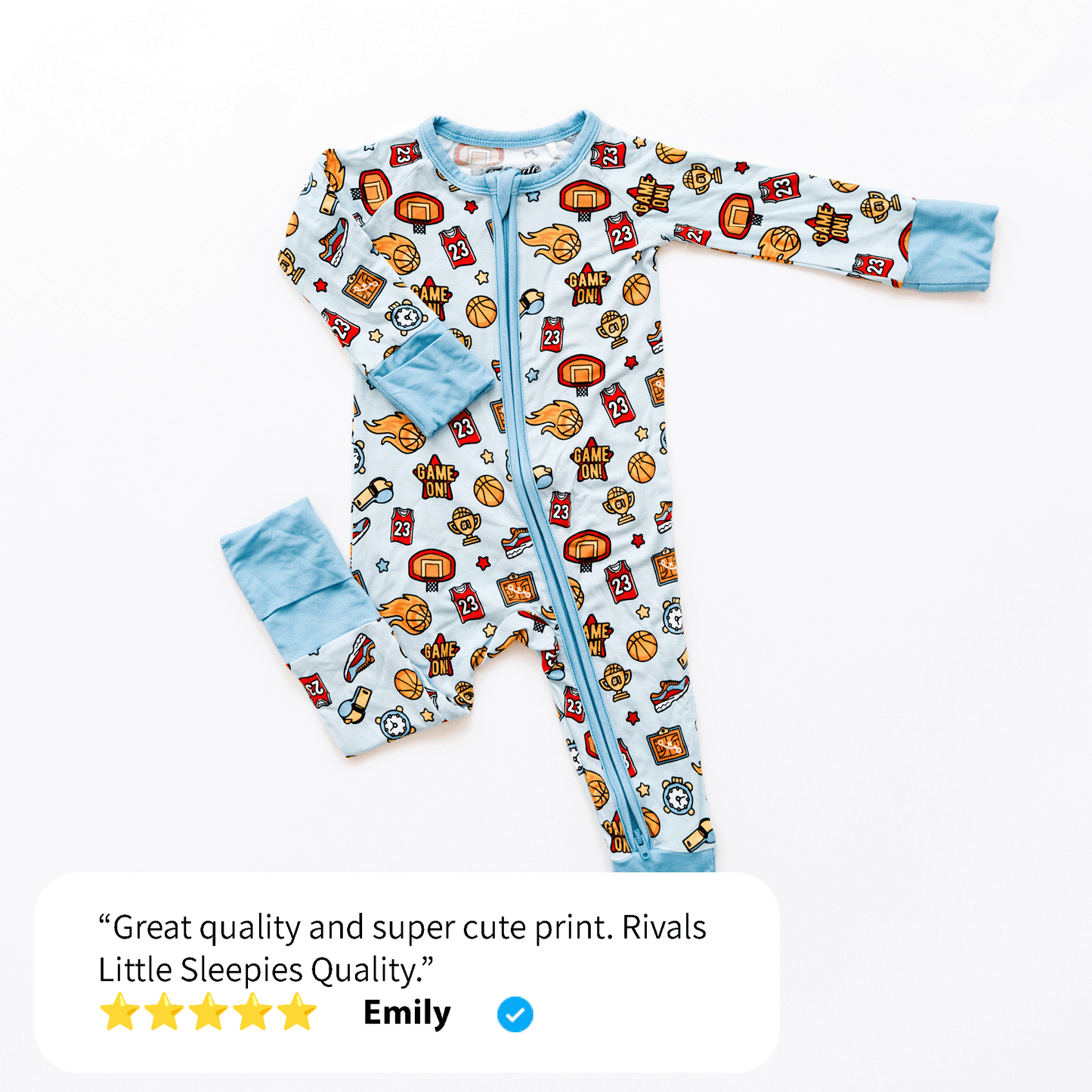 Basketball-themed baby one-piece with soft bamboo fabric, double zippers for easy changes, and a sporty design for little fans.