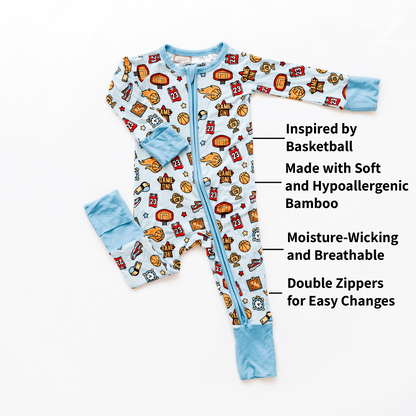 Basketball-themed baby one-piece with soft bamboo fabric, double zippers for easy changes, and a sporty design for little fans.