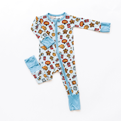 Basketball-themed baby one-piece with soft bamboo fabric, double zippers for easy changes, and a sporty design for little fans.