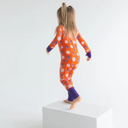 Clemson Tigers bamboo one-piece sleeper with double zipper and retro logo.