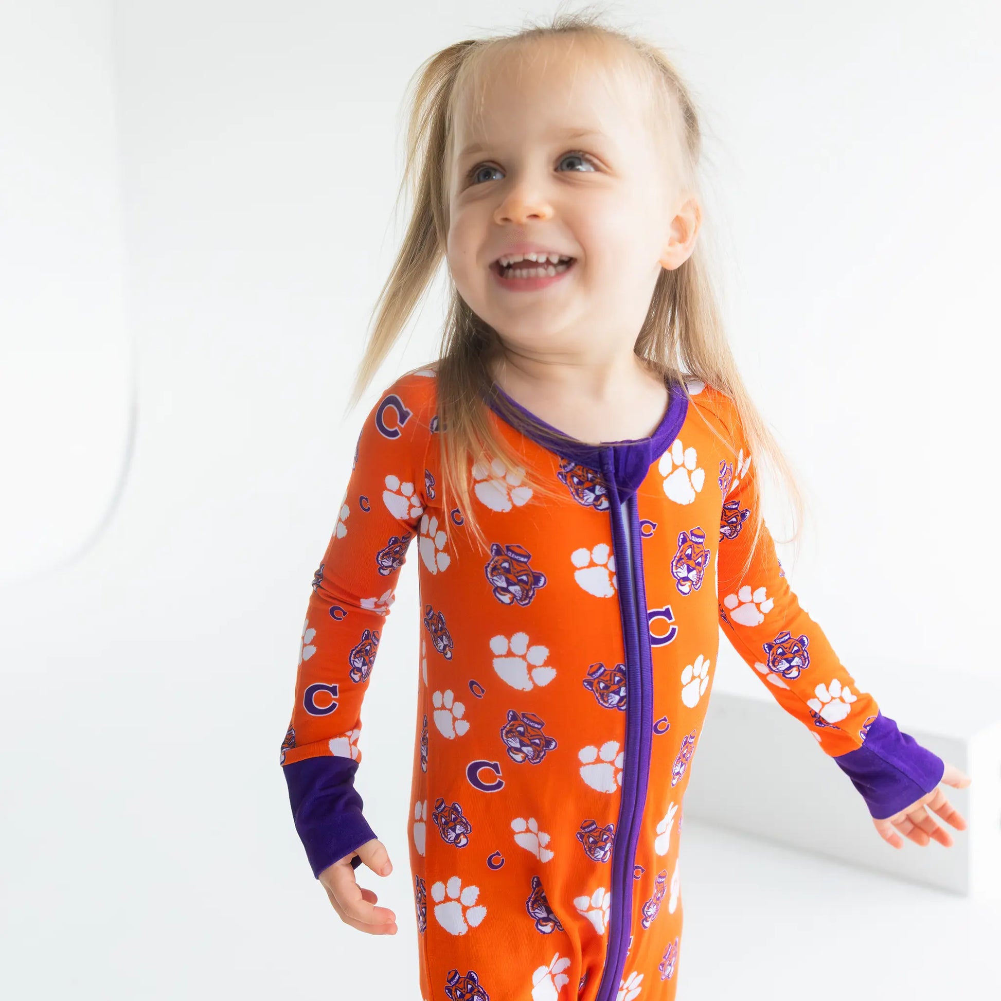 Clemson Tigers bamboo one-piece with stretch fabric and secure zipper.