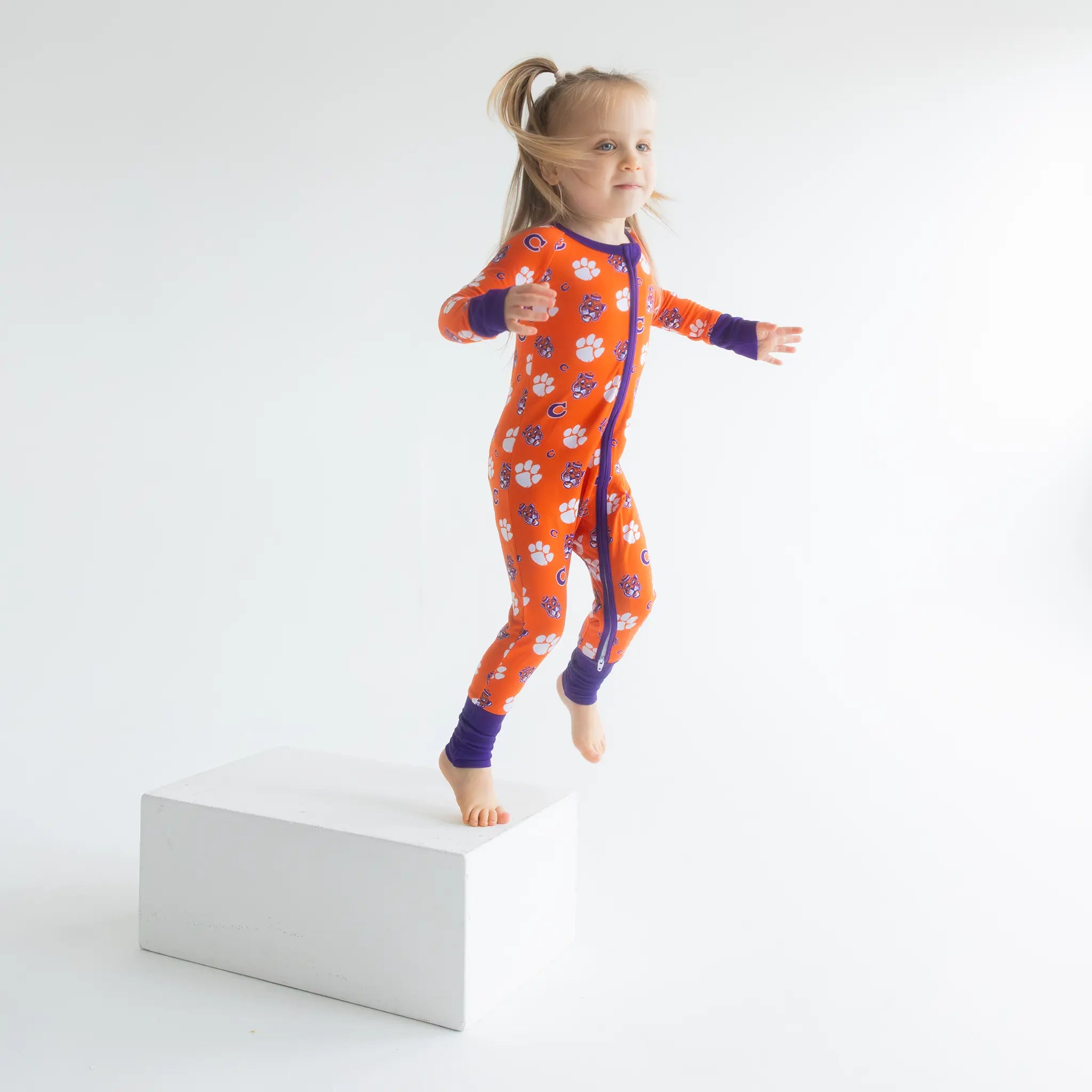 Clemson Tigers one-piece sleeper in soft bamboo with fold-over mittens.