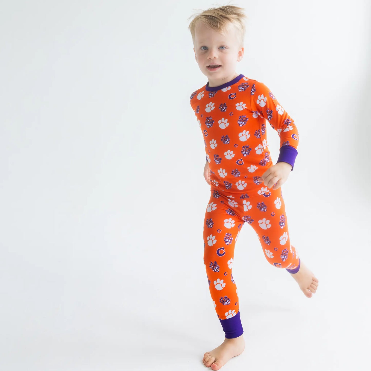 Clemson Tigers Two-Piece Pajama Set Made From Soft bamboo Fabric and featuring paw print.
