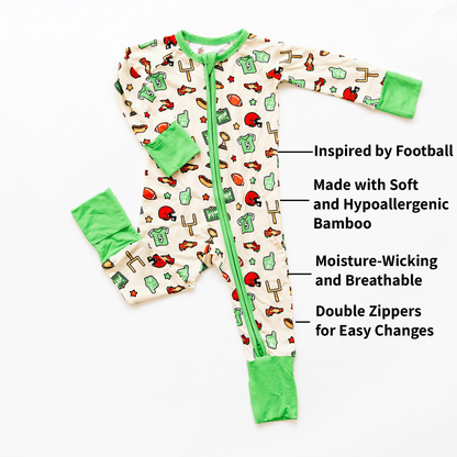 Football-themed baby one-piece with soft bamboo fabric, double zippers for easy changes, and a sporty design for little fans.