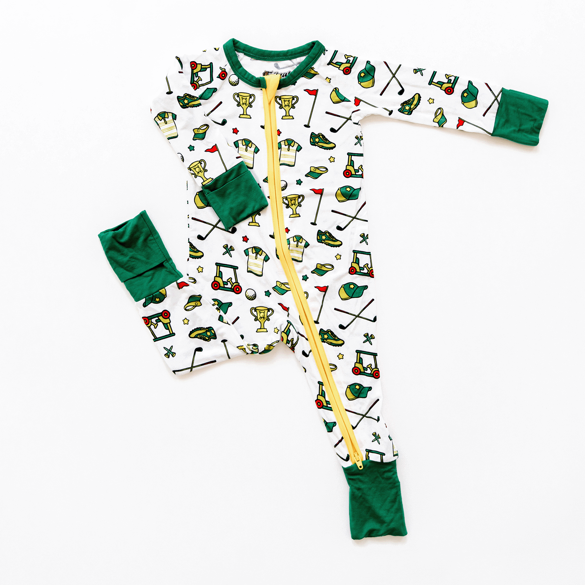 Golf-themed baby one-piece with soft bamboo fabric, double zippers for easy changes, and a playful design for little golf fans.