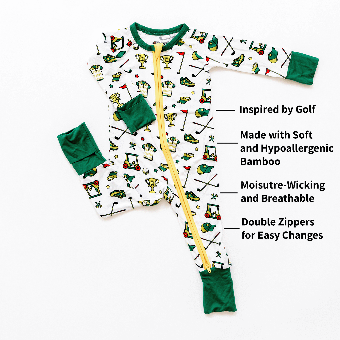 Golf-themed baby one-piece with soft bamboo fabric, double zippers for easy changes, and a playful design for little golf fans.