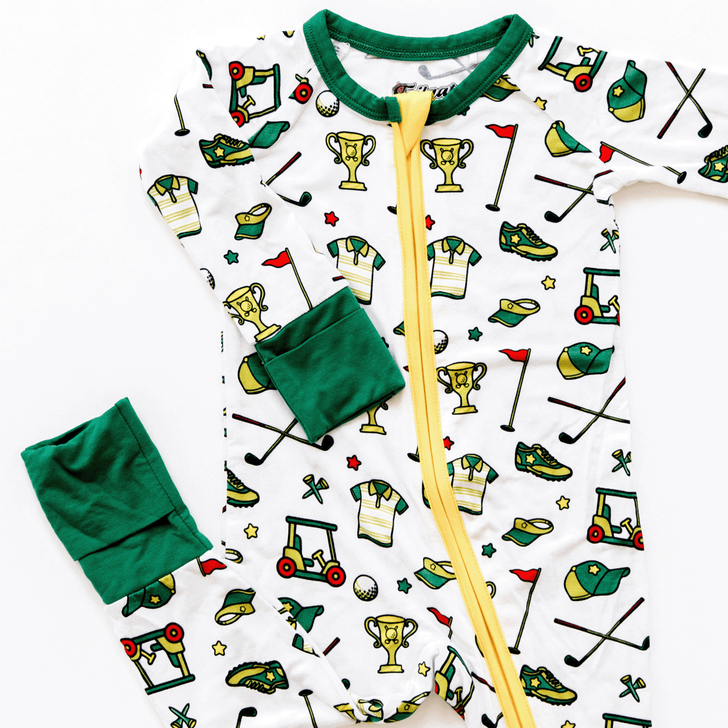 Golf-themed baby one-piece with soft bamboo fabric, double zippers for easy changes, and a playful design for little golf fans.