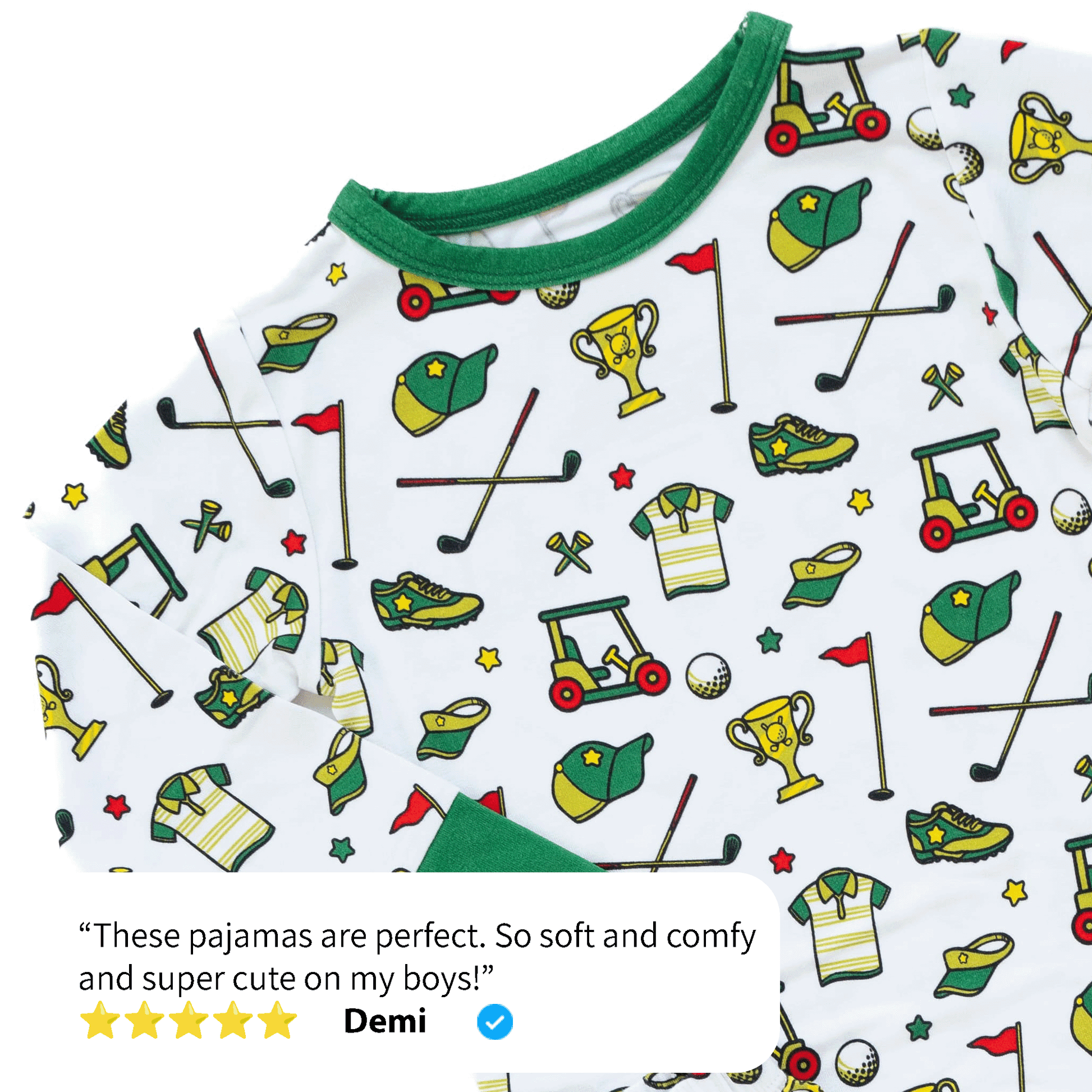 Golf-themed pajamas for toddler to youth sizes, made with soft bamboo fabric for a cozy and comfortable sleep.