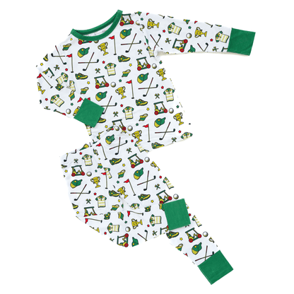 Golf-themed pajamas for toddler to youth sizes, made with soft bamboo fabric for a cozy and comfortable sleep.