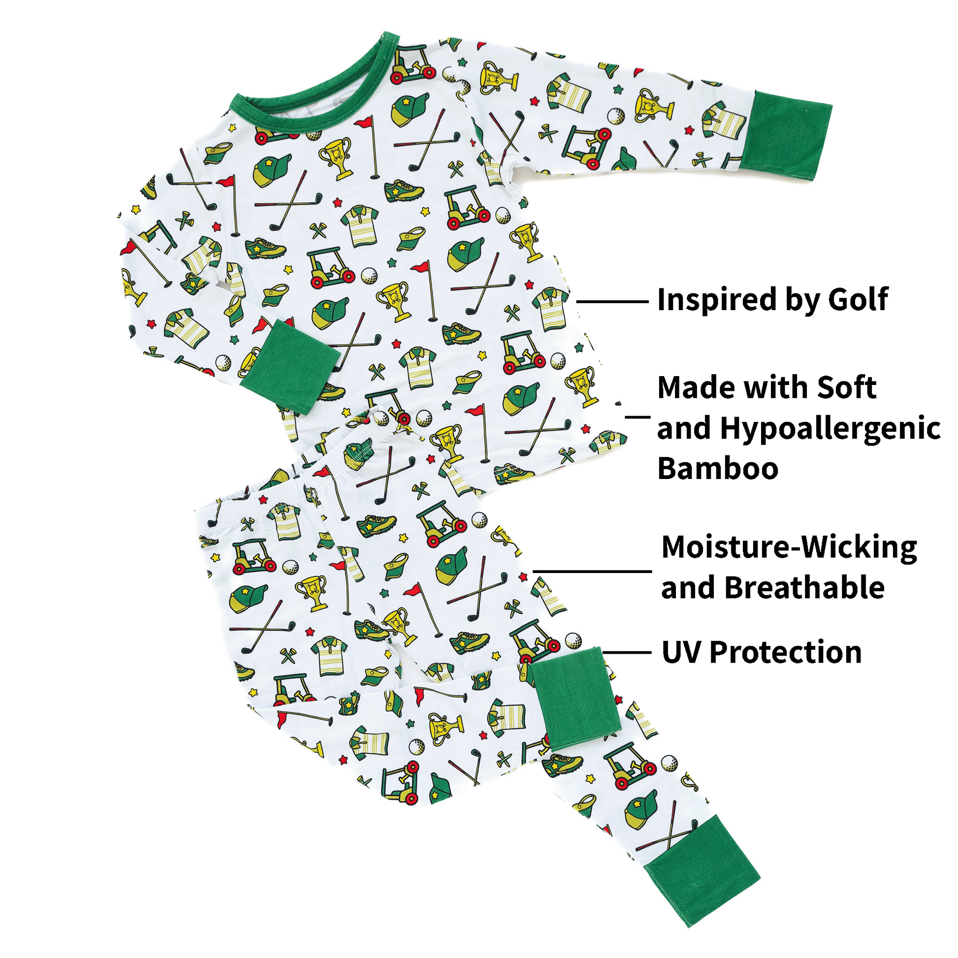 Golf-themed pajamas for toddler to youth sizes, made with soft bamboo fabric for a cozy and comfortable sleep.