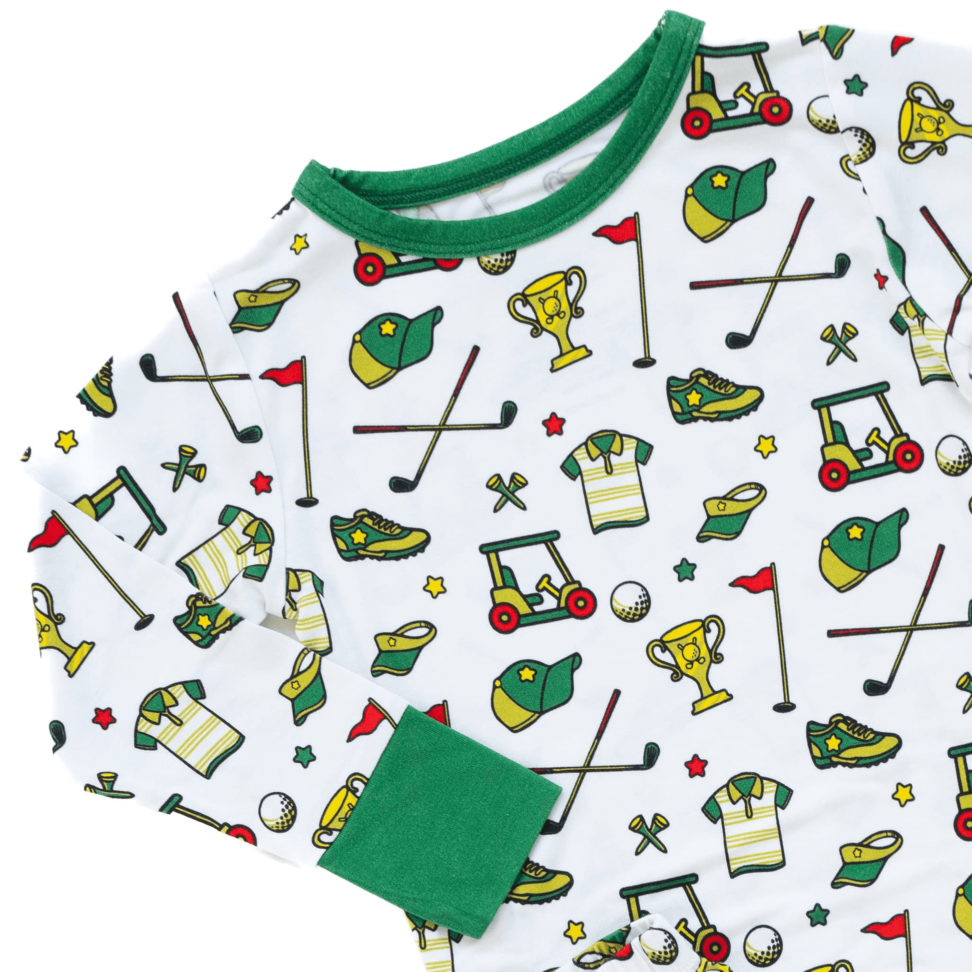 Golf-themed pajamas for toddler to youth sizes, made with soft bamboo fabric for a cozy and comfortable sleep.