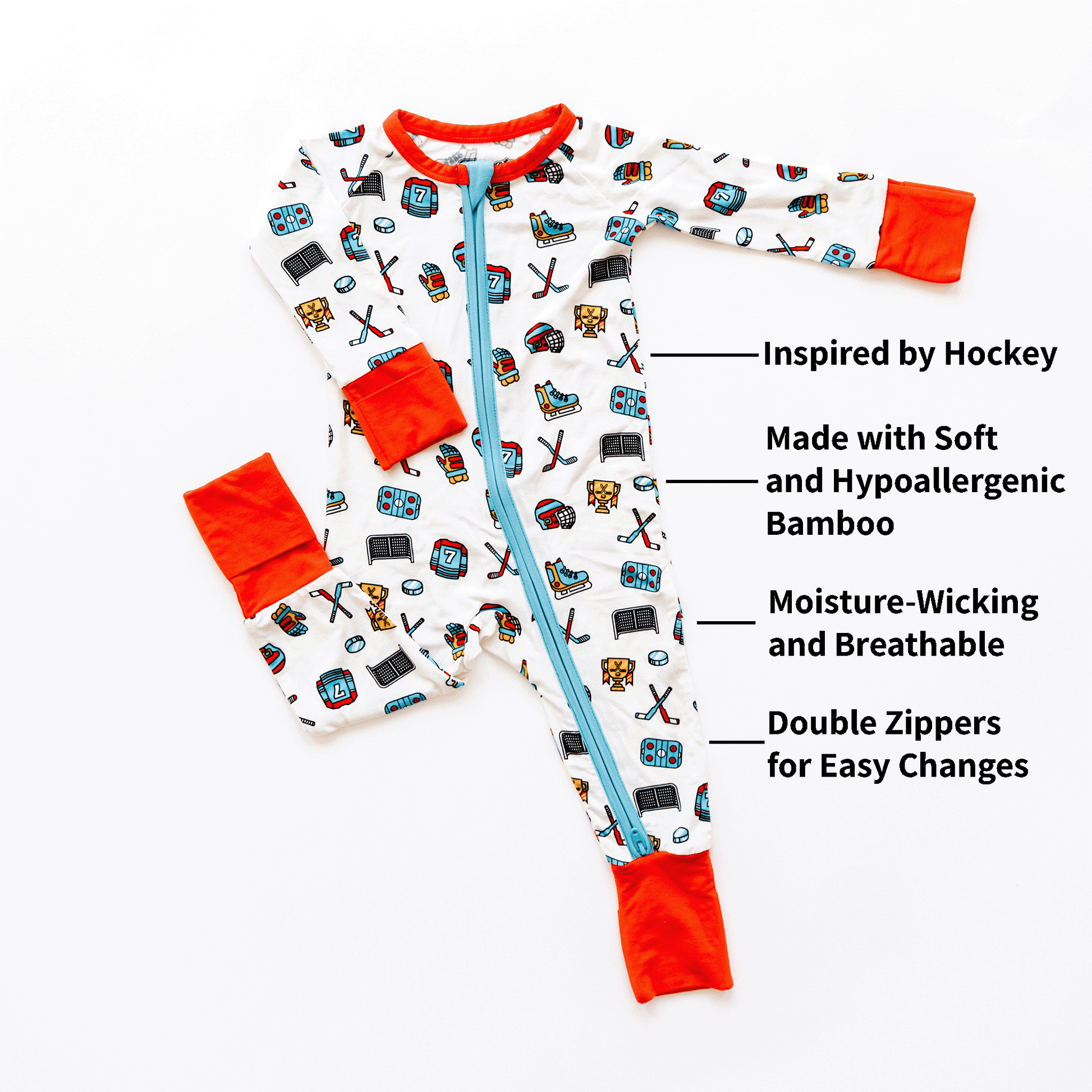 Hockey-themed baby one-piece with soft bamboo fabric, double zippers for easy changes, and a sporty design for little fans.