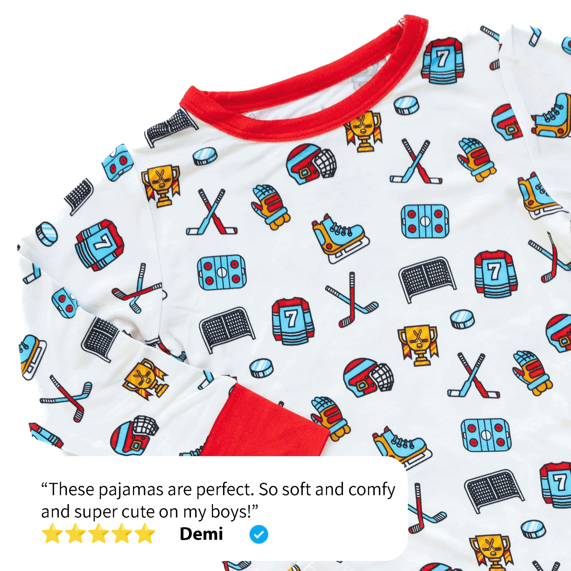 Hockey-themed pajamas for toddler to youth sizes, made with soft bamboo fabric for a cozy and comfortable sleep.