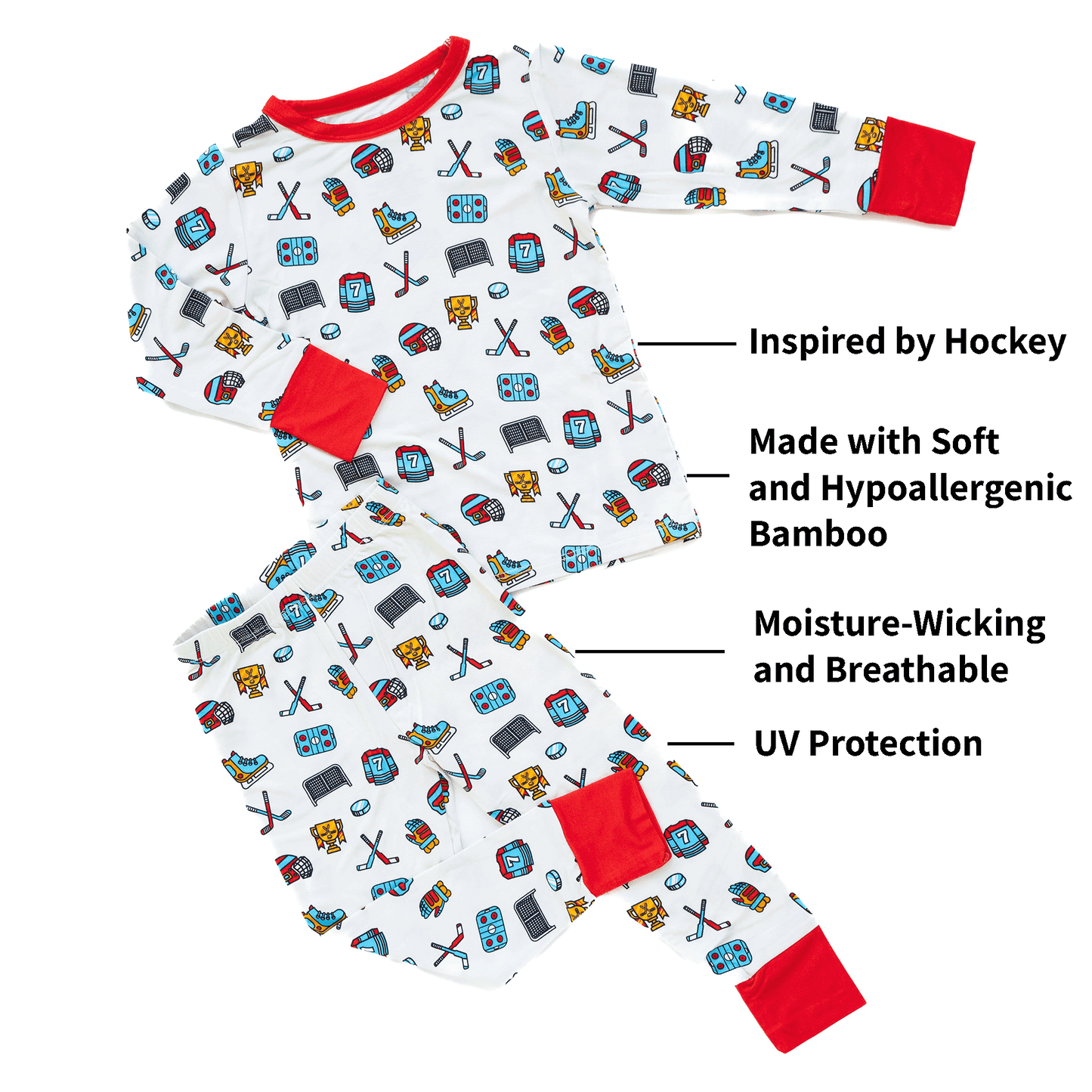 Hockey-themed pajamas for toddler to youth sizes, made with soft bamboo fabric for a cozy and comfortable sleep.