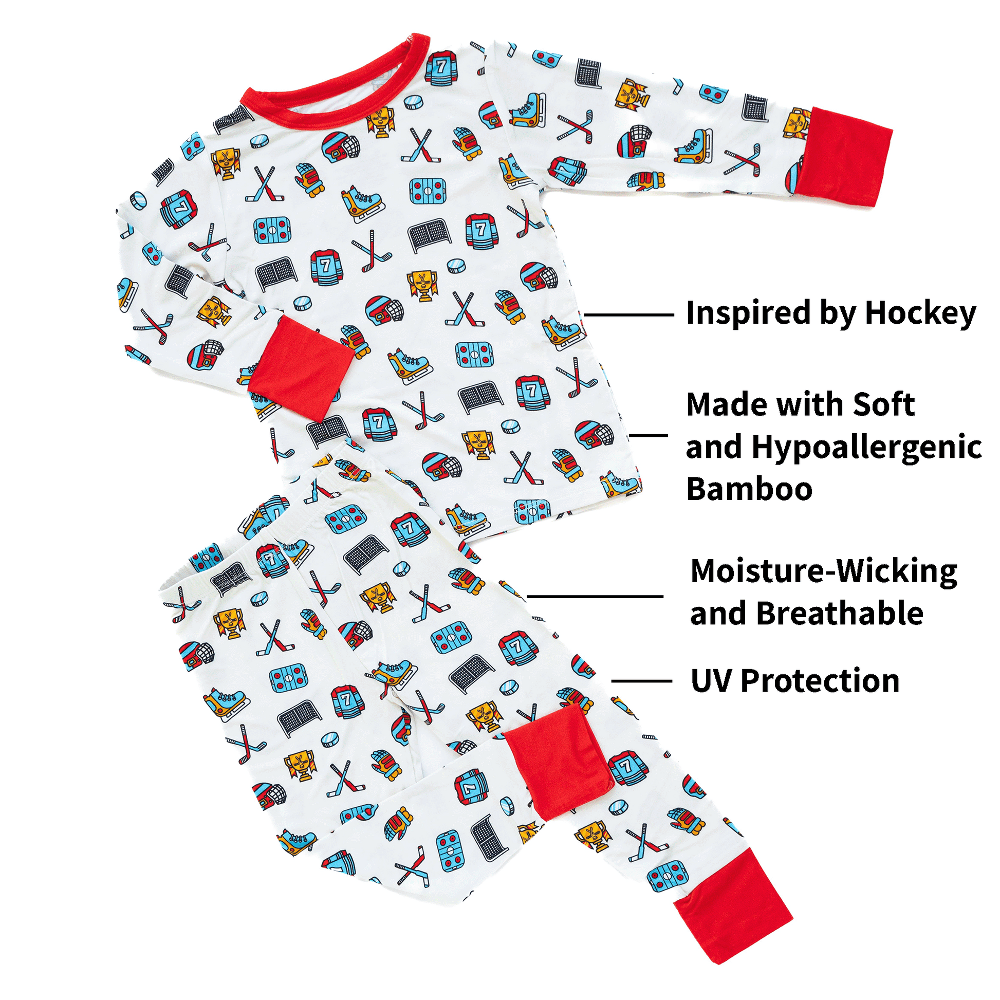 Hockey-themed pajamas for toddler to youth sizes, made with soft bamboo fabric for a cozy and comfortable sleep.