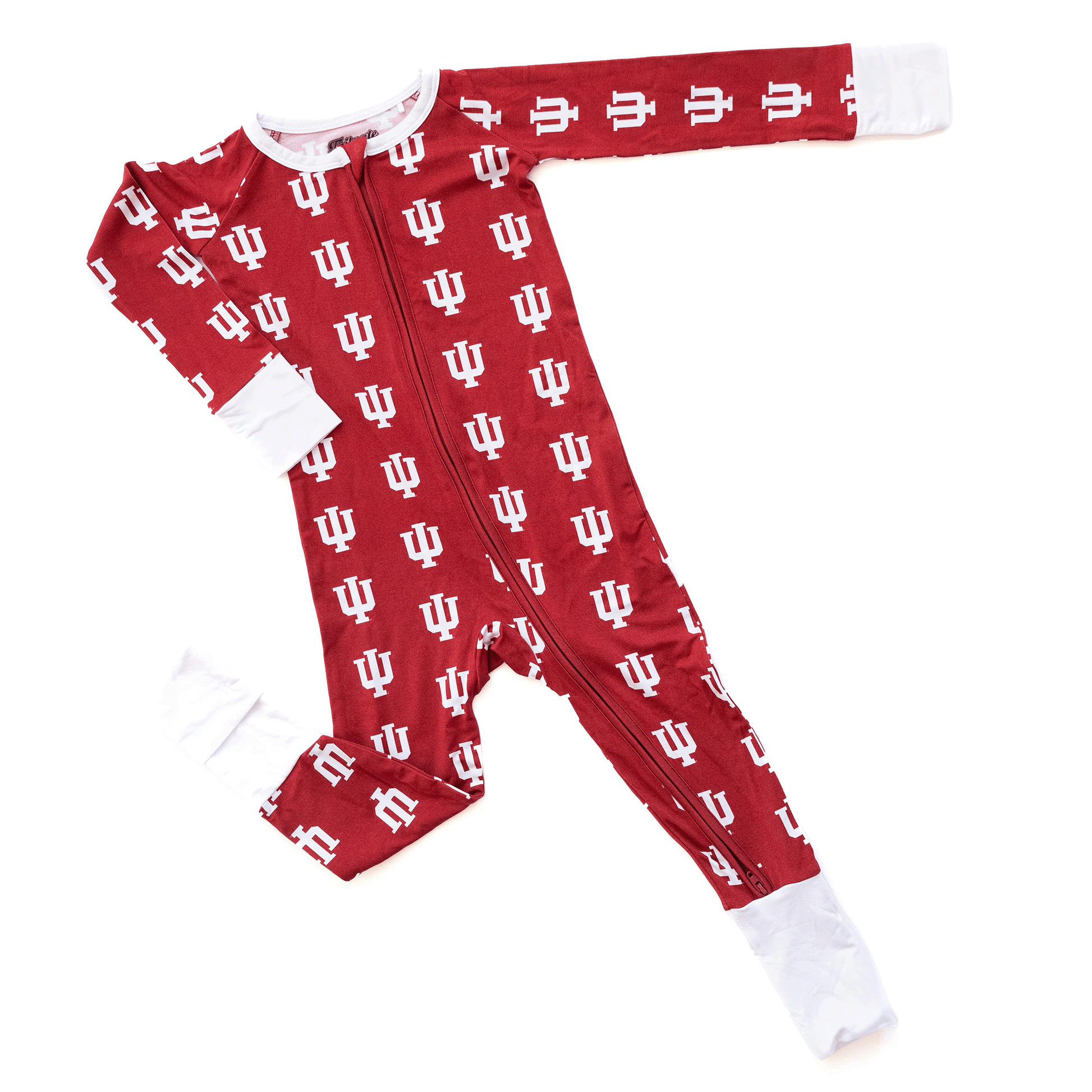 Indiana Hoosiers baby one-piece with official team logo, soft bamboo fabric, and double zippers for easy diaper changes.