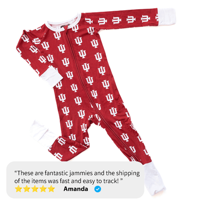 Indiana Hoosiers baby one-piece with official team logo, soft bamboo fabric, and double zippers for easy diaper changes.