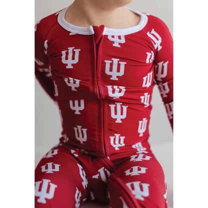 Indiana Hoosiers baby one-piece with official team logo, soft bamboo fabric, and double zippers for easy diaper changes.