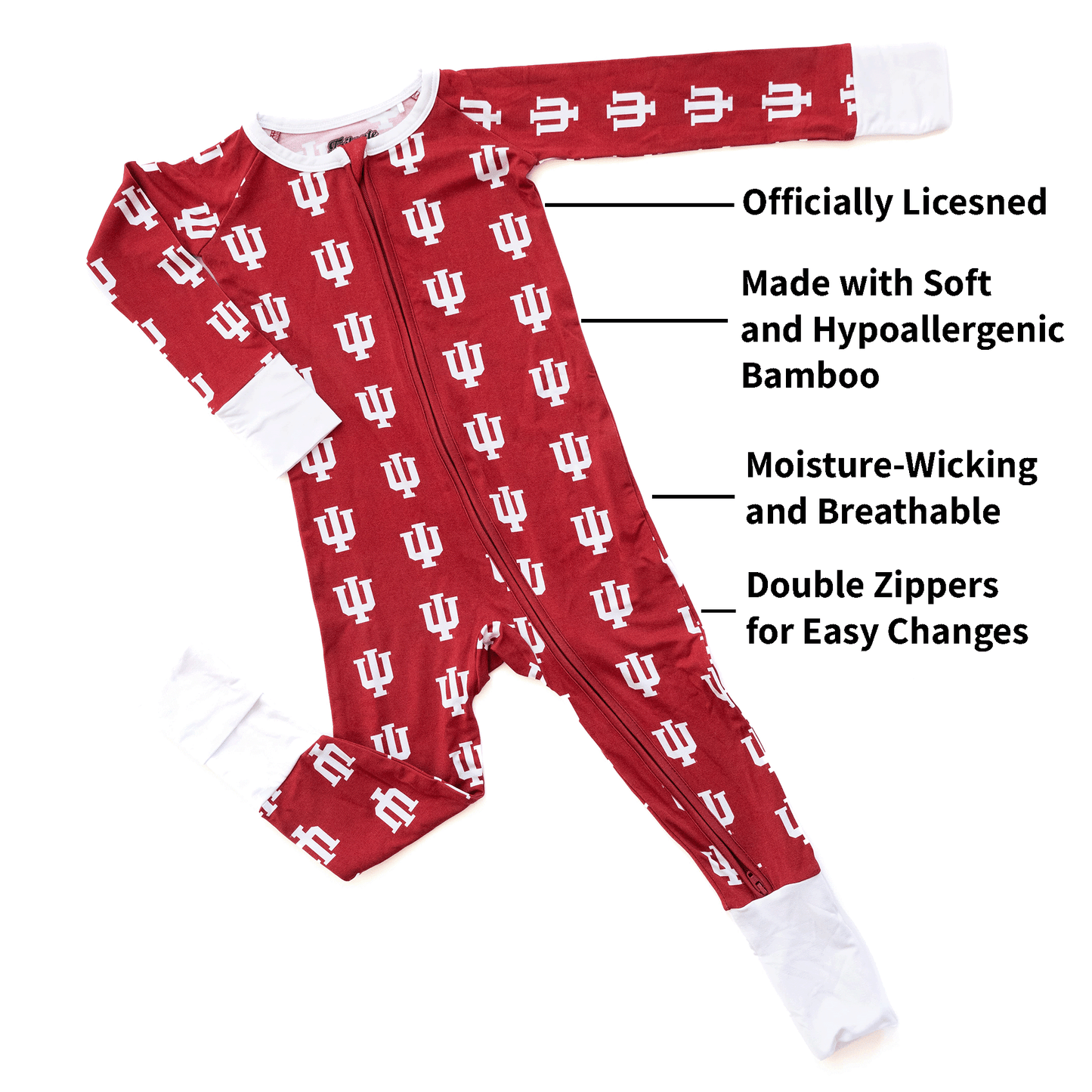 Indiana Hoosiers baby one-piece with official team logo, soft bamboo fabric, and double zippers for easy diaper changes.