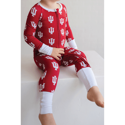 Indiana Hoosiers baby one-piece with official team logo, soft bamboo fabric, and double zippers for easy diaper changes.