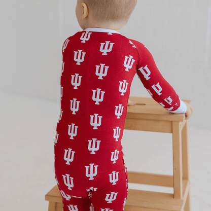 Indiana Hoosiers baby one-piece with official team logo, soft bamboo fabric, and double zippers for easy diaper changes.