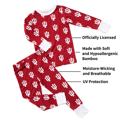 Indiana Hoosiers pajamas for toddler to youth with official team logo, soft bamboo fabric, and a snug fit.