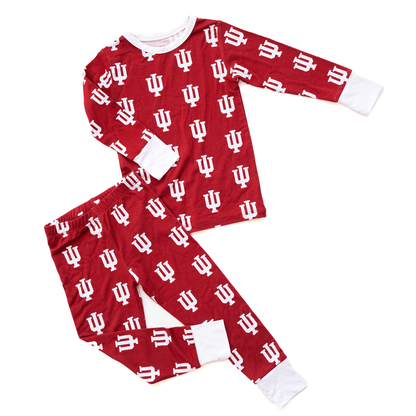 Indiana Hoosiers pajamas for toddler to youth with official team logo, soft bamboo fabric, and a snug fit.