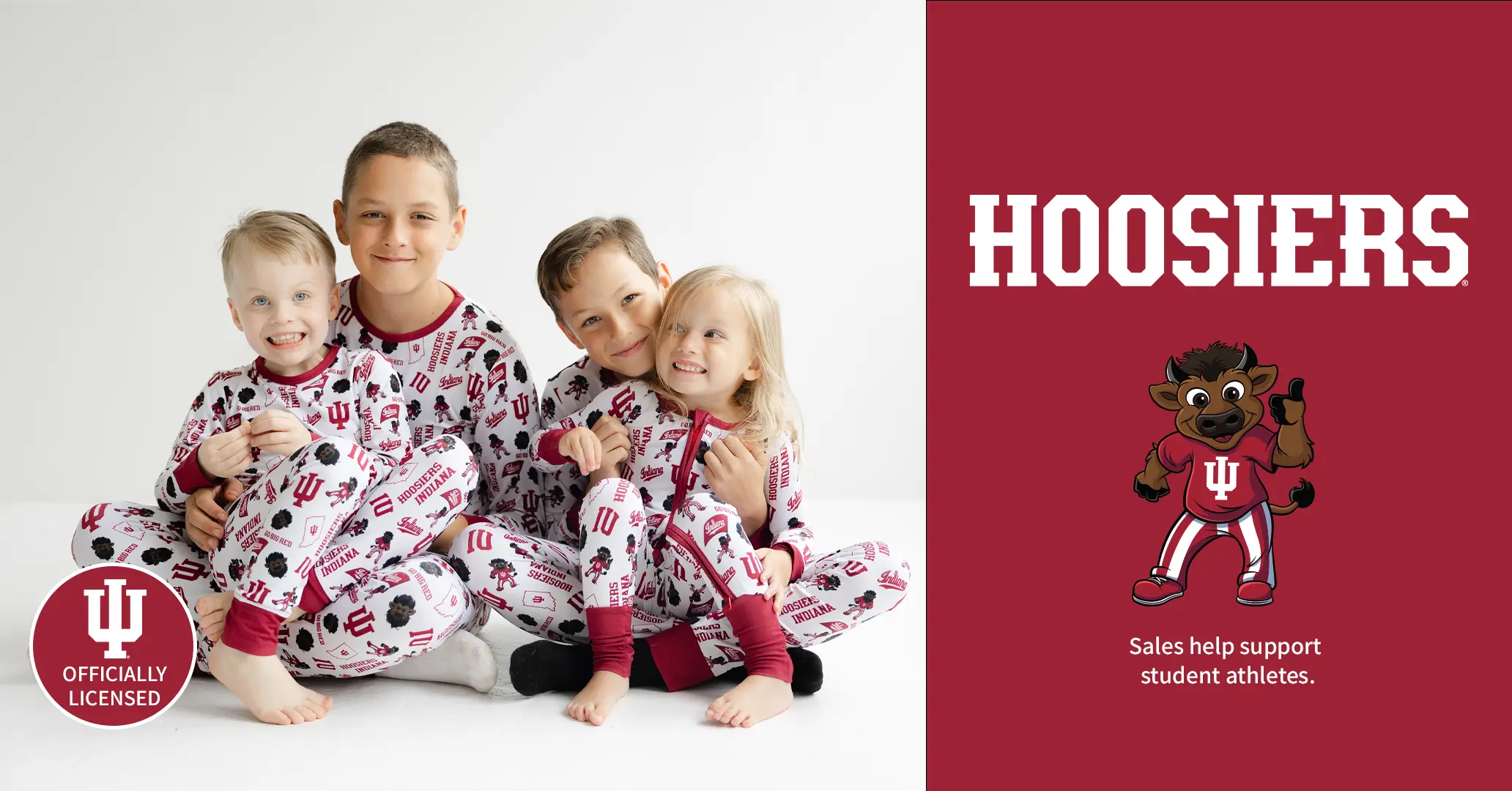 Children in matching pajamas with 'Hoosiers' logo on a red background