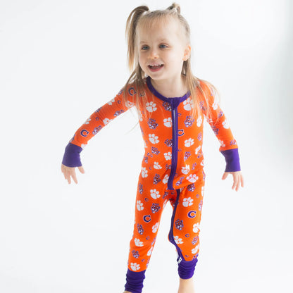 Clemson Tigers Infant in Tigers vintage bamboo zippered onesie with tiger paw design.