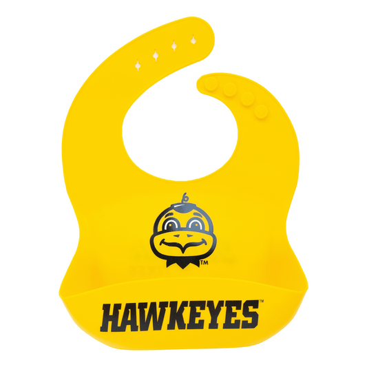 Iowa Hawkeyes Baby Herky silicone baby bib, BPA-free, with easy-clean material and adjustable fit, featuring the Herky mascot.