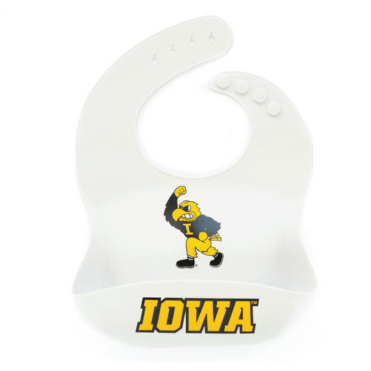 Iowa Hawkeyes Fighting Herky silicone baby bib, BPA-free, easy to clean, featuring the Fighting Herky mascot for game-day fun.