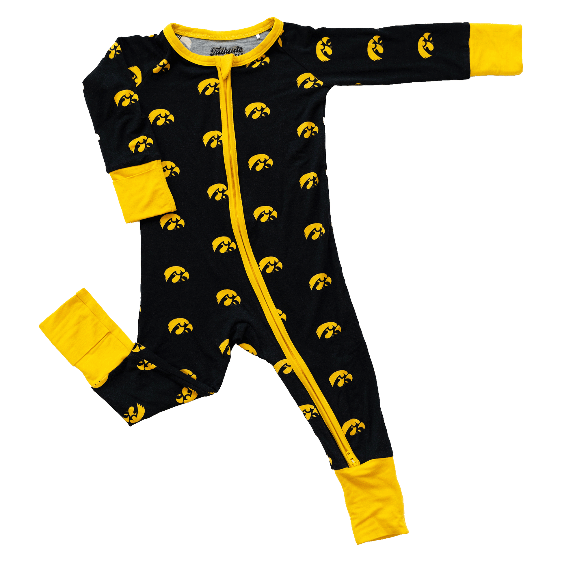 Iowa Hawkeyes one-piece with official team logo, soft bamboo fabric, and double zippers for easy diaper changes.