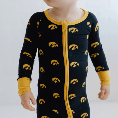 Iowa Hawkeyes one-piece with official team logo, soft bamboo fabric, and double zippers for easy diaper changes.