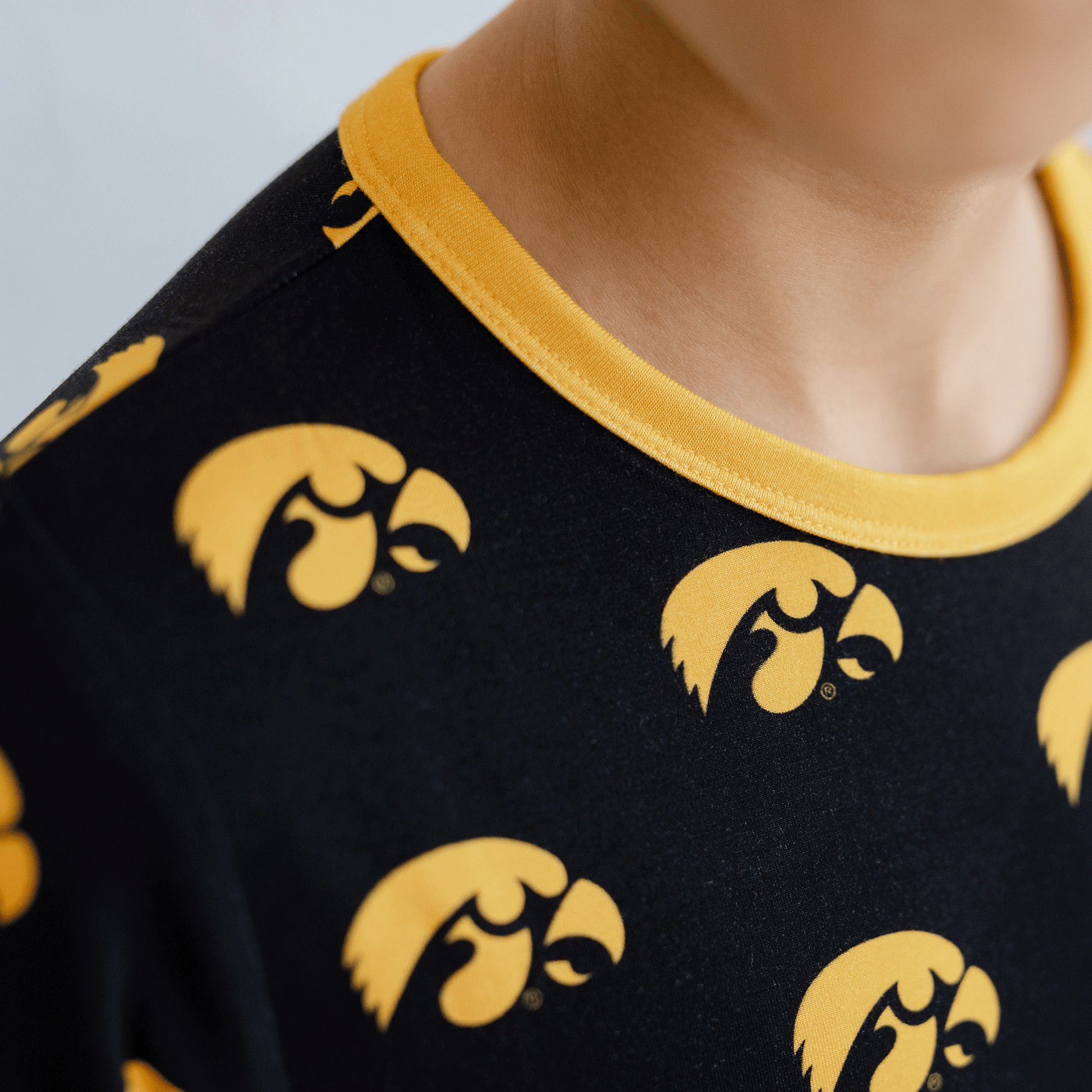 Iowa Hawkeyes pajamas for toddler to youth with official team logo, soft bamboo fabric, and a snug fit.