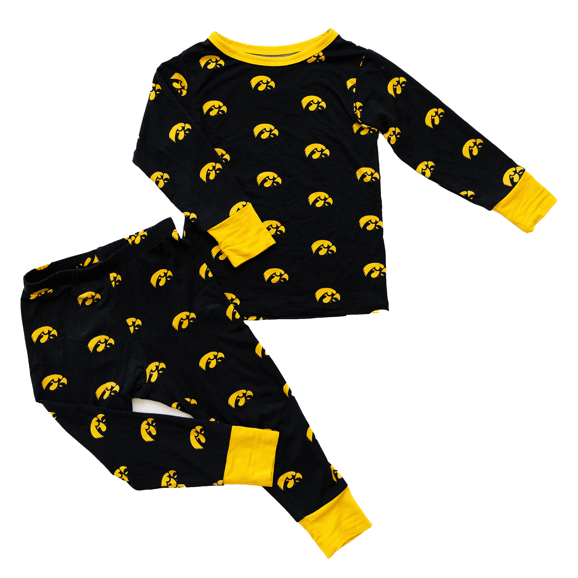 Iowa Hawkeyes pajamas for toddler to youth with official team logo, soft bamboo fabric, and a snug fit.