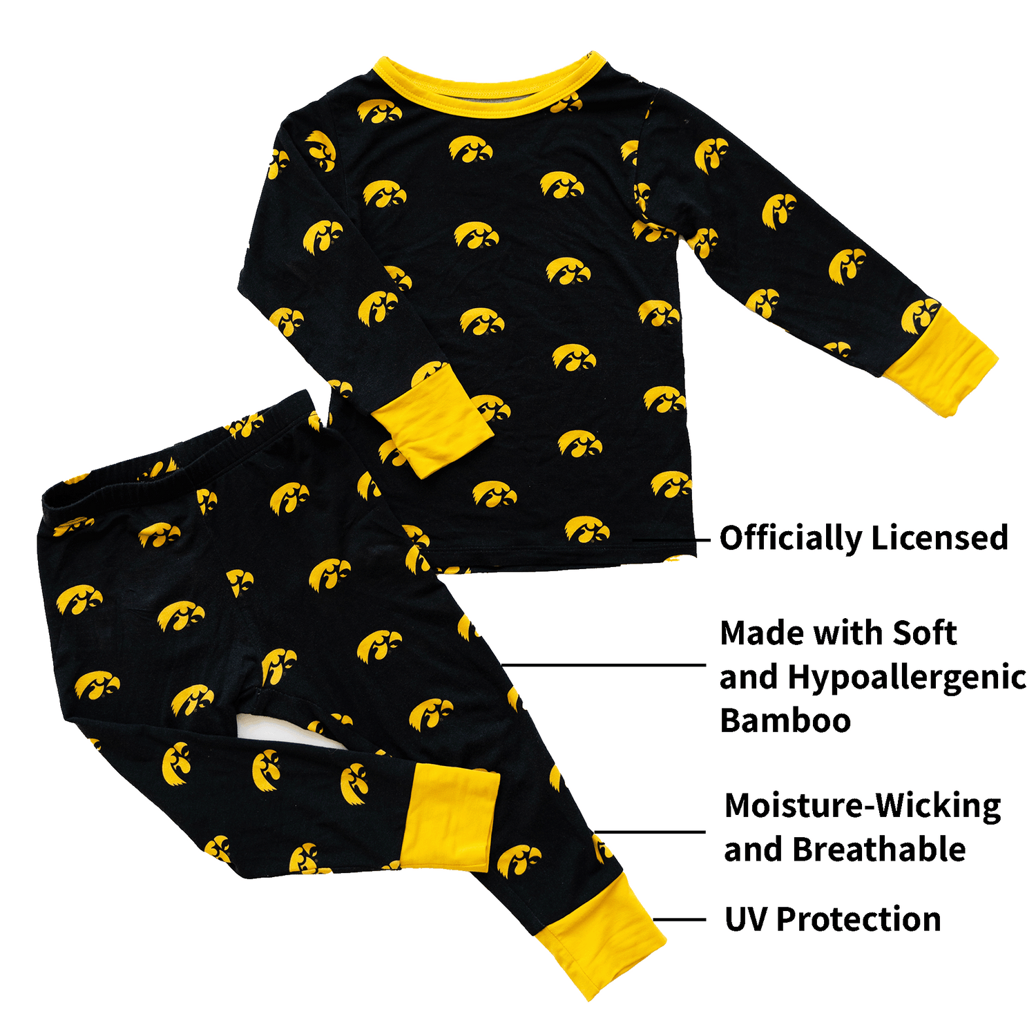 Iowa Hawkeyes pajamas for toddler to youth with official team logo, soft bamboo fabric, and a snug fit.