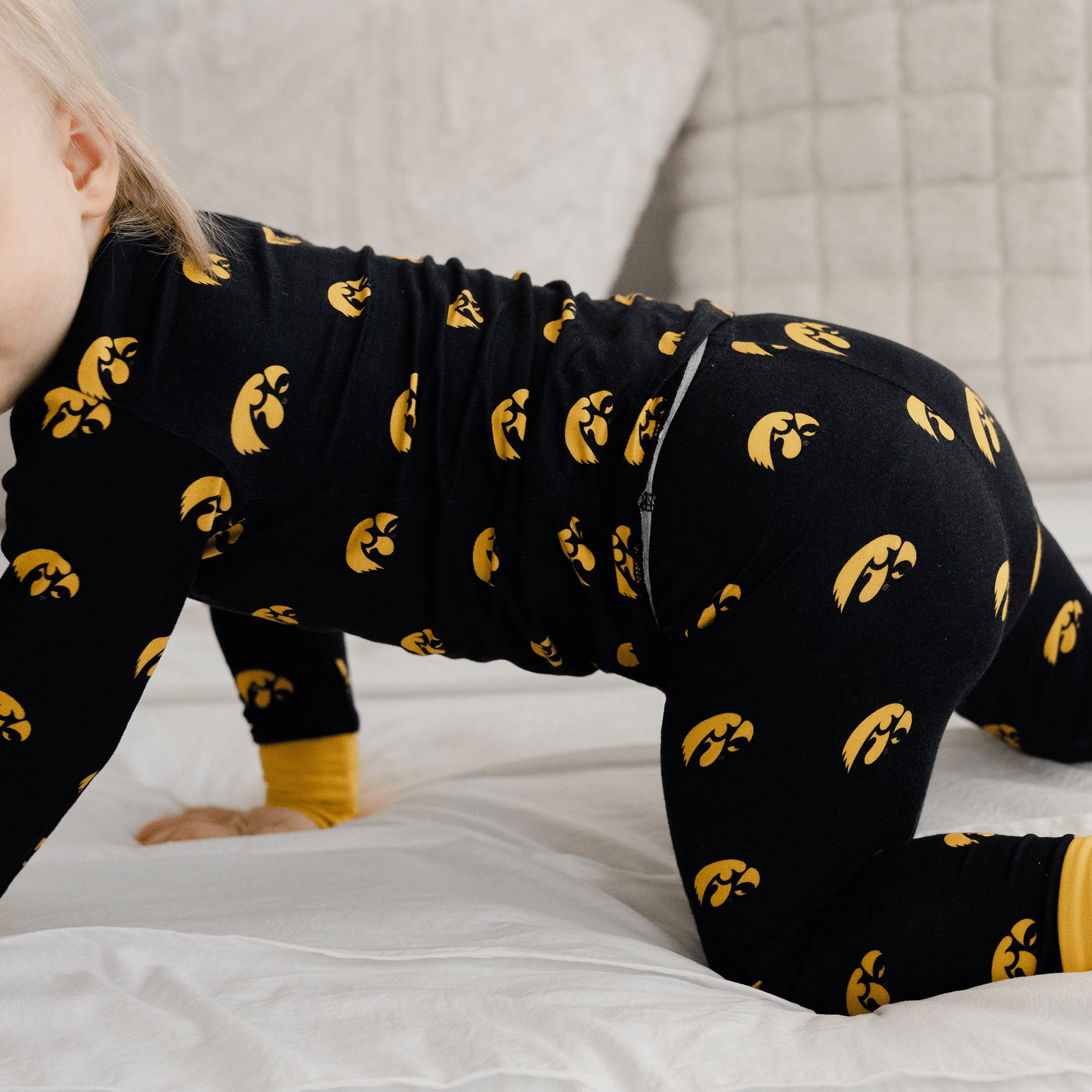 Iowa Hawkeyes pajamas for toddler to youth with official team logo, soft bamboo fabric, and a snug fit.